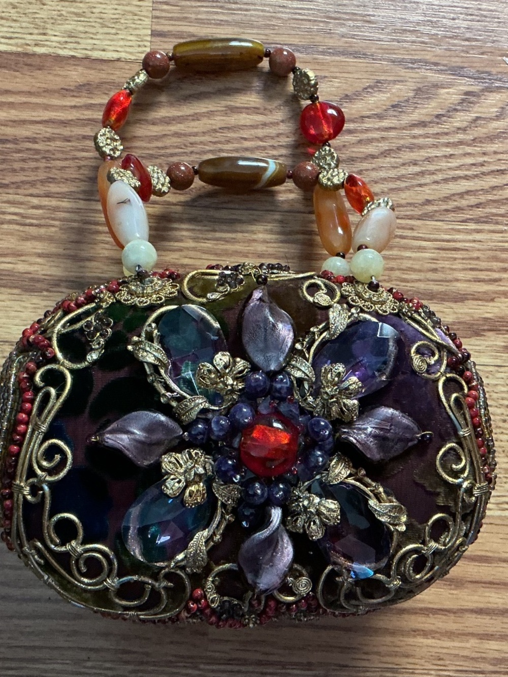 Vintage Mary Frances Beaded Embellished Velvet & Leather Hinged Purse